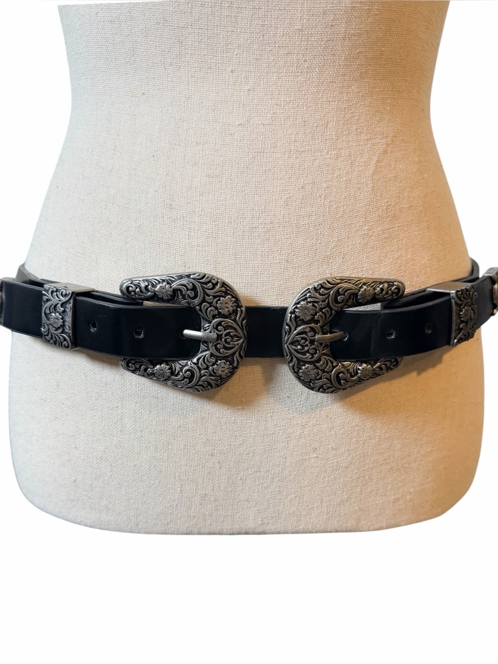 Western Double Buckle Belt Black Silver Boho Cowgirl Vintage Style Festival M/L